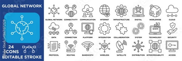 Obraz Global network icon collection set. Containing connectivity, cloud, internet, data, infrastructure, security, and systems. outline vector