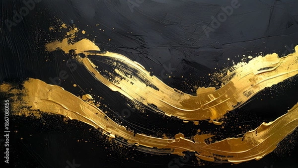 Obraz 黒色背景に金色の筆ストロークが入った抽象背景 高級感あるゴールドテクスチャ素材