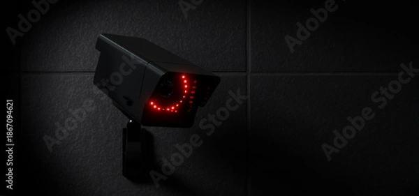 Obraz Black CCTV Security Camera with Red LED Lights on Dark Wall