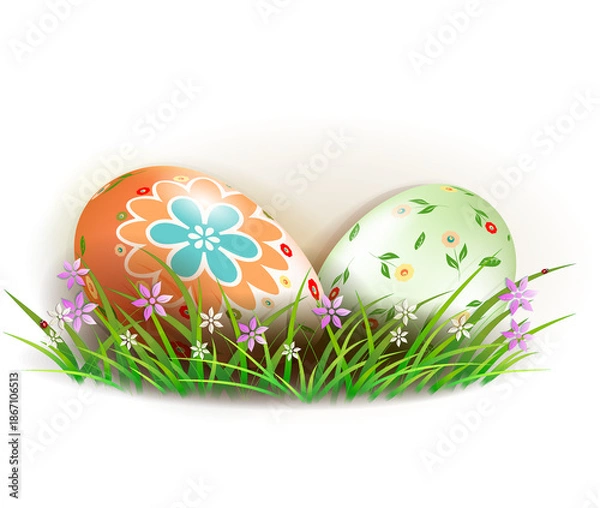 Obraz Easter composition with two eggs and a wicker, design element.
