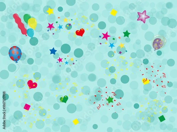 Obraz 風船と紙吹雪のキャンペーン背景（グリーン）ー 爽やかなグリーンに星やハートが舞うにぎやかなデザイン。ゴールデンウィークのイベント、販促告知・バナー・チラシに。パーティー告知にも。