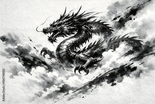 Fototapeta 筆文字素材の手書きの墨で描いた龍のイラスト
