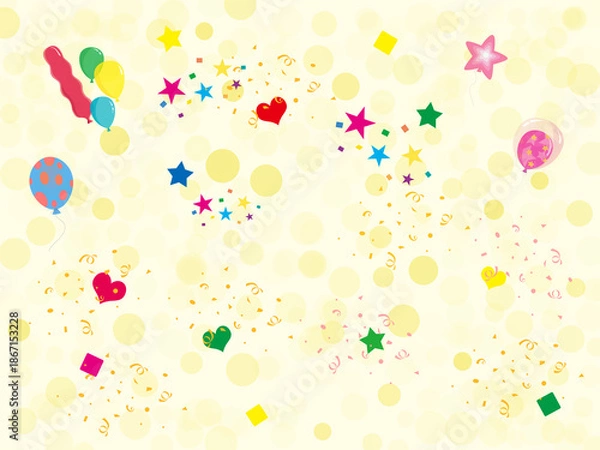 Obraz 風船と紙吹雪のキャンペーン背景（イエロー）ー イエローに星やハートが舞う明るいデザイン。ゴールデンウィークや夏休みの家族向け、子ども向けイベント告知・バナー・チラシに。誕生日会の告知にも。