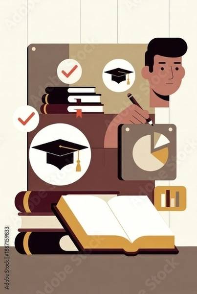 Obraz Educational Illustration Featuring Books, Graduation Caps, and Data Visualization Elements for Learning and Academic Growth