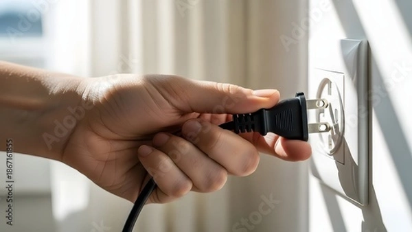 Obraz Hand inserting electrical plug into wall outlet for power supply