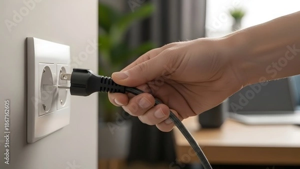 Obraz Hand plugging electrical cord into wall socket for power connection