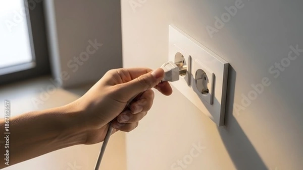 Obraz Human hand inserting electrical plug into wall outlet closeup