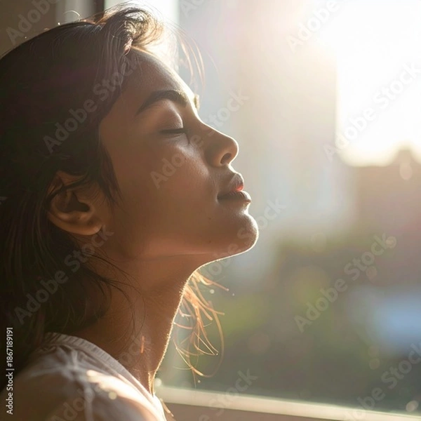 Obraz 窓のそばに立ち、深く呼吸をする人物を横から捉えた映像。
目元は映らず、柔らかな自然光が身体を包み込む。
背景はシンプルで、静けさと余白を感じさせる構図。