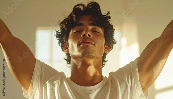 Obraz 人物の肩を中心に捉えたクローズアップのストレッチ映像。
柔らかな昼光が差し込むミニマルな室内空間が背景。