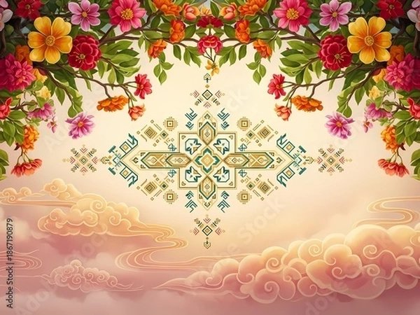 Obraz 花柄アーチと幾何学模様、淡い背景に浮かぶ夢幻的な美しさ