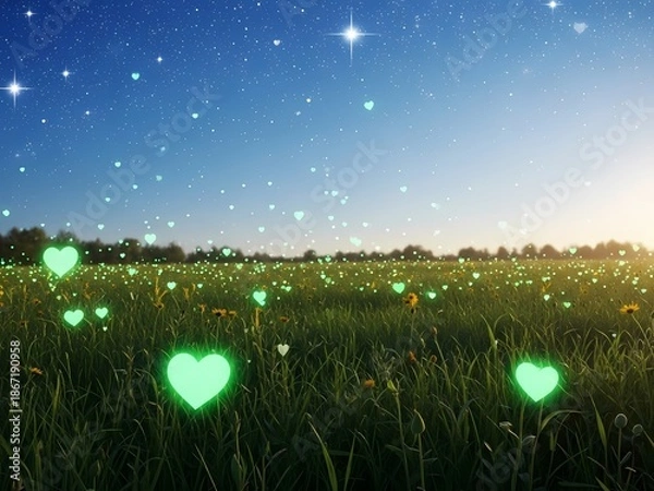 Obraz ハートが輝く草原、夜空の幻想的な風景