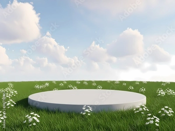 Obraz 白い台座、緑の草原に映えるミニマル背景