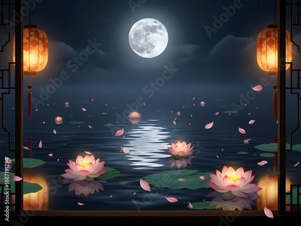 Obraz 月光が水面に映る蓮の花の幻想的な風景