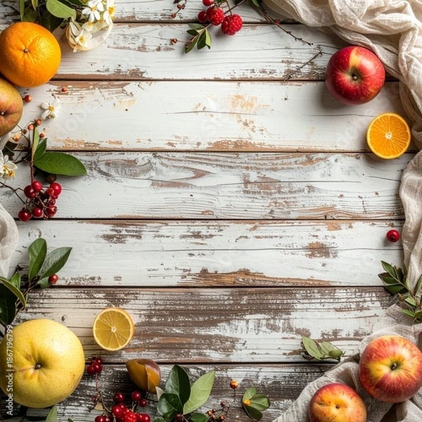 Obraz ラスティックな木製テーブルを真上から捉えたフラットレイ映像。
周囲に初春の季節感ある素材を配置し、中央は大きな余白。
温かみのあるナチュラルな色調と柔らかな光が特徴。