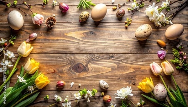 Obraz ラスティックな木製テーブルを俯瞰で捉えたフラットレイ構図。
フレーム周囲に初春の季節素材を配置し、中央は空白。
全体は温かみのある自然な色調と柔らかな光。