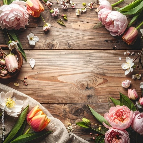 Obraz ラスティックな木製テーブルを俯瞰で捉えたフラットレイ構図。
フレーム周囲に初春の季節素材を配置し、中央は空白。
全体は温かみのある自然な色調と柔らかな光。