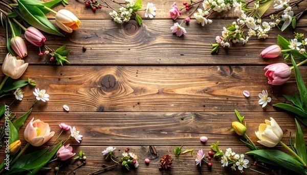 Obraz ラスティックな木製テーブルを俯瞰で捉えたフラットレイ構図。
フレーム周囲に初春の季節素材を配置し、中央は空白。
全体は温かみのある自然な色調と柔らかな光。