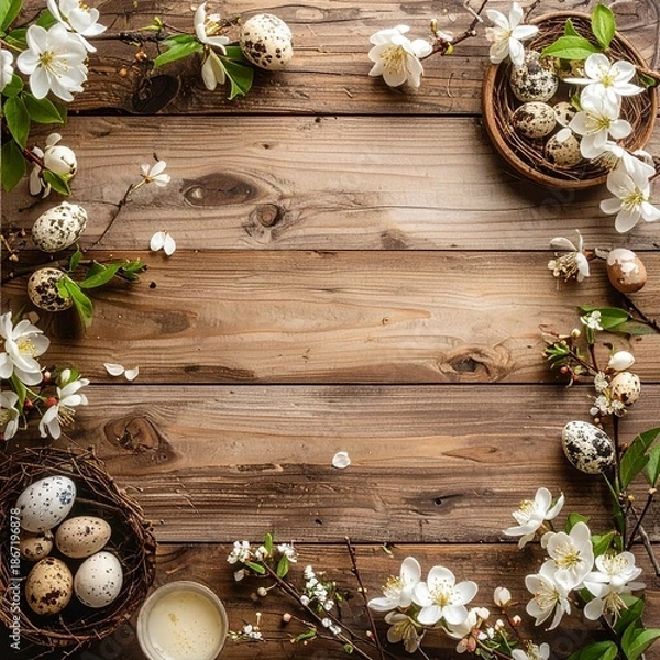 Obraz ラスティックな木製テーブルを俯瞰で捉えたフラットレイ構図。
フレーム周囲に初春の季節素材を配置し、中央は空白。
全体は温かみのある自然な色調と柔らかな光。