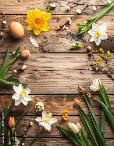 Obraz ラスティックな木製テーブルを俯瞰で捉えたフラットレイ構図。
フレーム周囲に初春の季節素材を配置し、中央は空白。
全体は温かみのある自然な色調と柔らかな光。