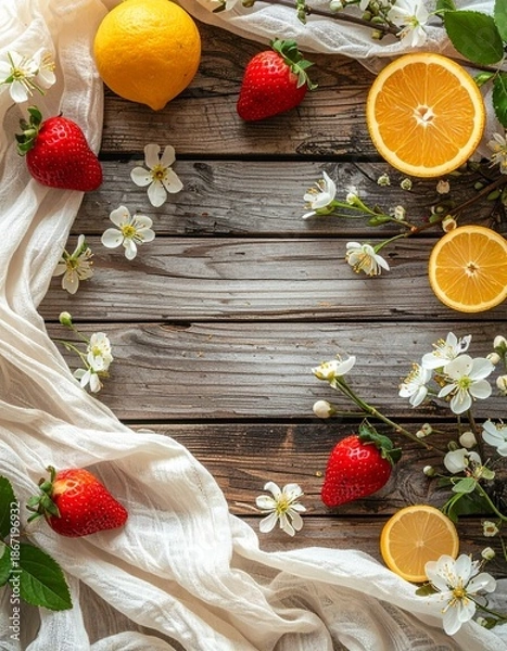 Obraz 素朴な木製背景の上に、春を感じさせる素材を縁に配置したフラットレイ。
中央には広告や文字配置に適した広い余白を確保。
柔らかな自然光が全体を均一に照らしている。