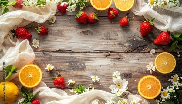 Obraz 素朴な木製背景の上に、春を感じさせる素材を縁に配置したフラットレイ。
中央には広告や文字配置に適した広い余白を確保。
柔らかな自然光が全体を均一に照らしている。