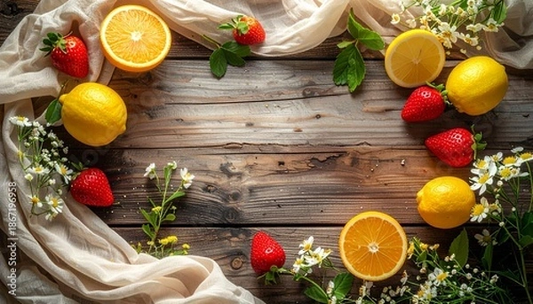 Obraz 素朴な木製背景の上に、春を感じさせる素材を縁に配置したフラットレイ。
中央には広告や文字配置に適した広い余白を確保。
柔らかな自然光が全体を均一に照らしている。