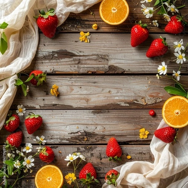 Obraz 素朴な木製背景の上に、春を感じさせる素材を縁に配置したフラットレイ。
中央には広告や文字配置に適した広い余白を確保。
柔らかな自然光が全体を均一に照らしている。