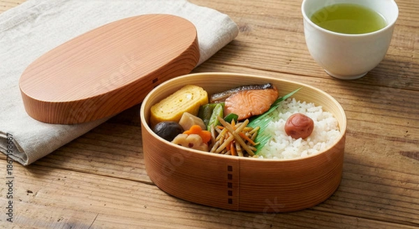 Obraz 木製曲げわっぱに詰められた彩り豊かな和風弁当と緑茶