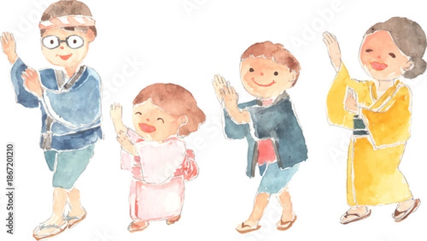 Fototapeta 盆踊りを踊る家族の水彩イラスト　ベクター