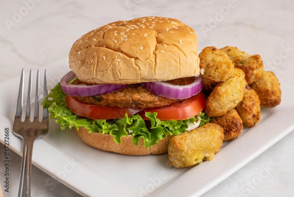 Obraz veggie burger  with broccoi tots