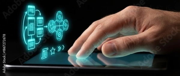 Obraz Digital Workflow: Hand Interacting with Abstract Business Process on Tablet