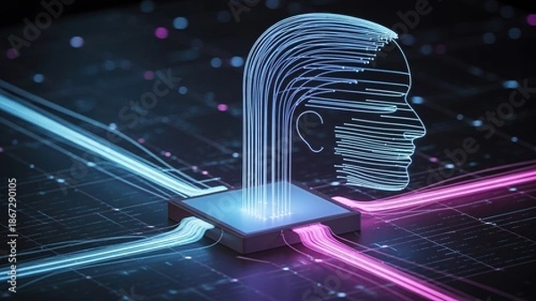 Obraz Futuristic AI processing data, symbolizing artificial intelligence and technological advancement with a digital human head.