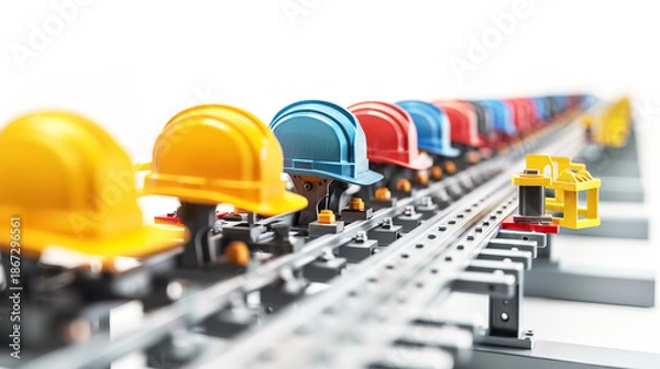 Obraz 3D assembly line with workers’ helmets and tools, white background.