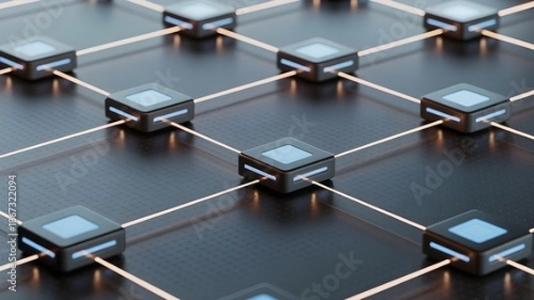 Fototapeta Networked node grid with illuminated connector representing autonomous decision-making system and distributed ai coordination.