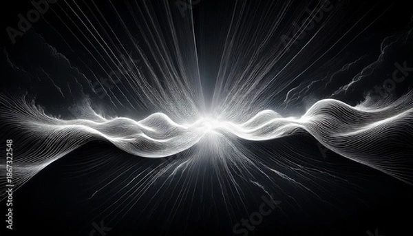 Obraz brilliant white energy wave explodes horizontally through absolute darkness