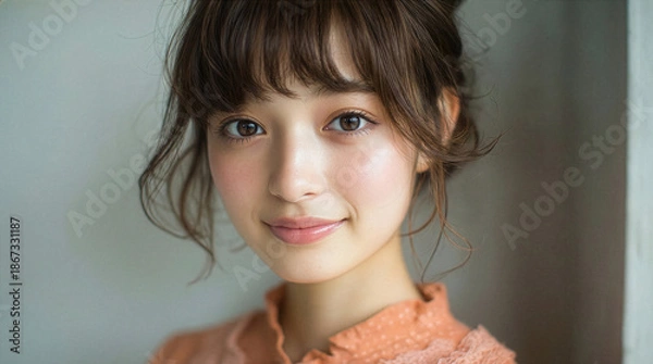 Obraz オレンジ色のブラウスを着て茶髪をふんわりとまとめ前髪を下ろした若い女性