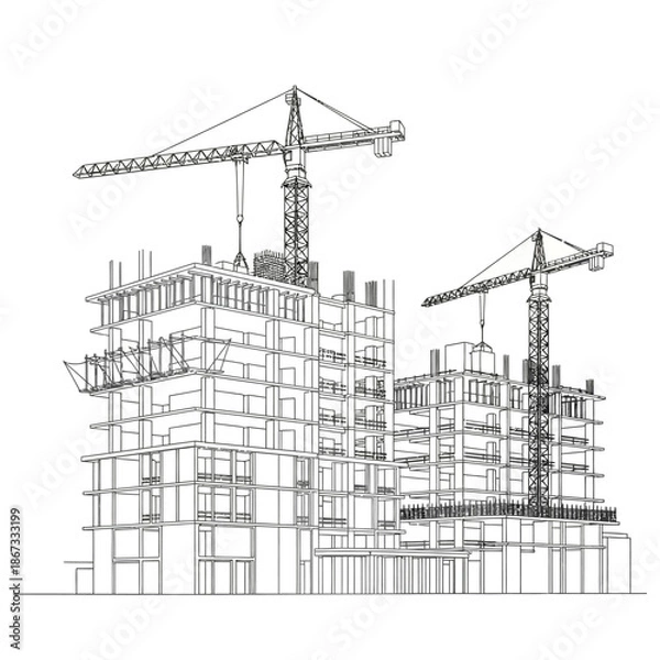 Obraz Construction Site with Cranes Building Development Blueprint.