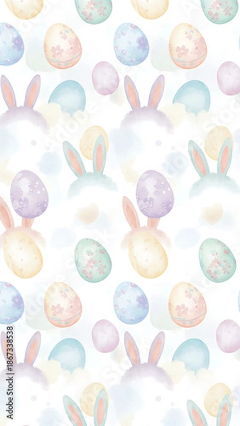 Obraz Soft Pastel Easter Eggs and Bunny Ears Seamless Pattern Background. Gentle Spring Holiday Repeatable Vector Design.