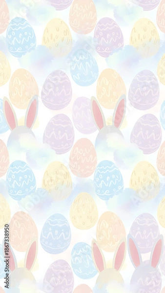 Obraz Soft Pastel Easter Eggs and Bunny Ears Seamless Pattern Background. Gentle Spring Holiday Repeatable Vector Design.