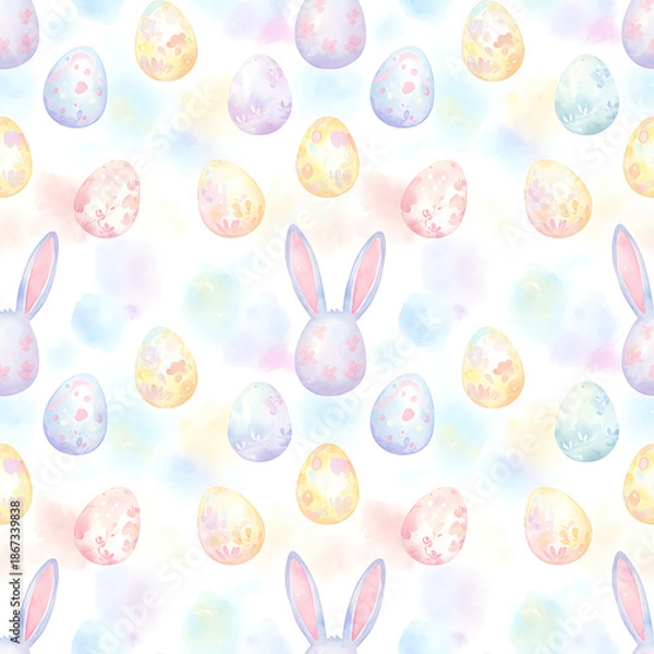 Obraz Soft Pastel Easter Eggs and Bunny Ears Seamless Pattern Background. Gentle Spring Holiday Repeatable Vector Design.