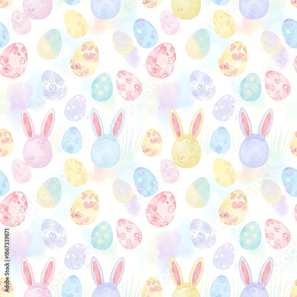 Obraz Soft Pastel Easter Eggs and Bunny Ears Seamless Pattern Background. Gentle Spring Holiday Repeatable Vector Design.