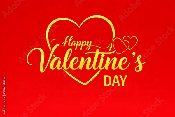 Obraz バレンタインデーの金色タイポグラフィとハート（赤背景）