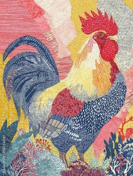 Obraz Colorful Patchwork Rooster Illustration