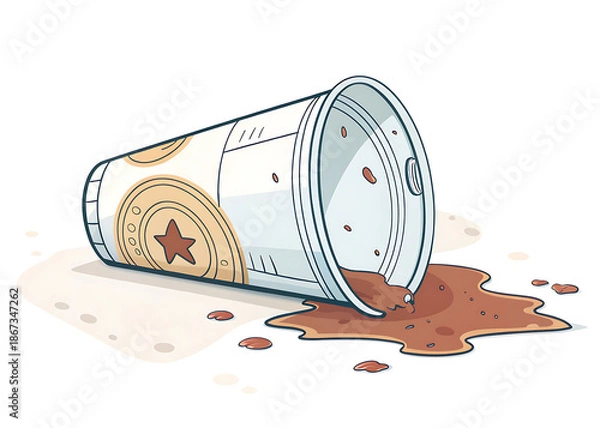 Obraz Crushed disposable cup tipped sideways, flat vector, white background.