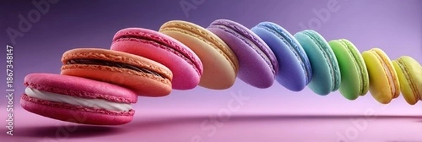 Obraz Rainbow Macarons Levitation on Vibrant Purple Background