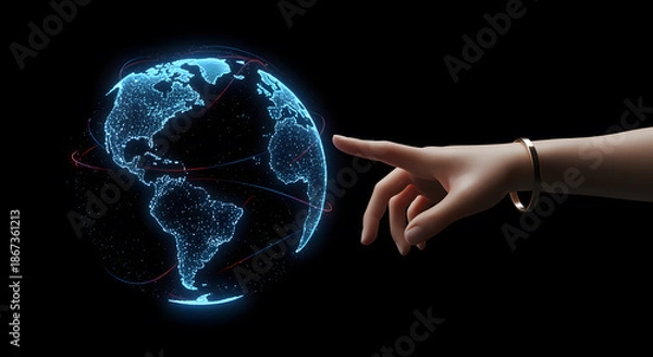 Obraz Human hand touching glowing digital globe with orbiting lines