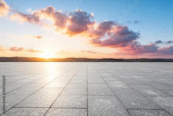 Obraz Sunset Over Empty Paved Plaza with Dramatic Sky