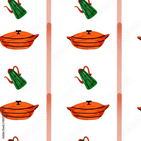 Obraz Seamless kitchen pattern with pots and stripes for textile design