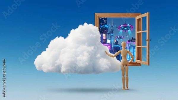 Obraz 雲についた窓を開けて輝く未来都市を覗き込むデッサン人形