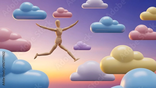 Obraz カラフルな雲の上を次々と飛び移るデッサン人形